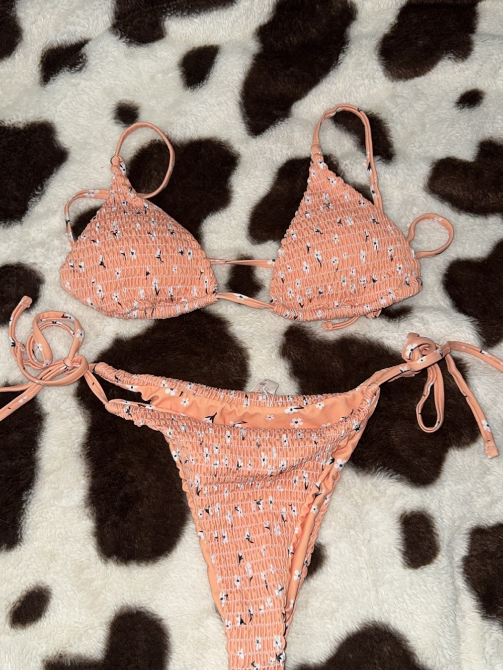 Peach Smocked Triangle Bikini Set